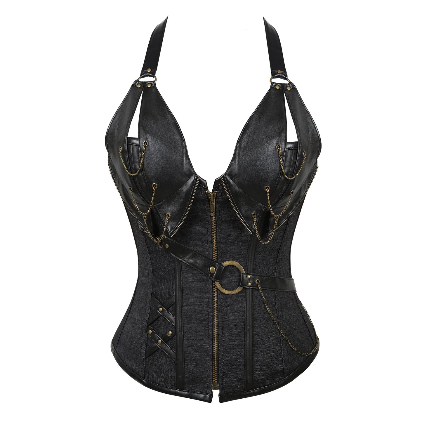 Punk Leather Corset With Belt Halter Shape Body