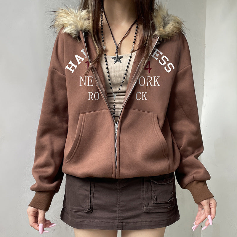 American Retro Fur Collar Hooded Zipper Sweatshirt