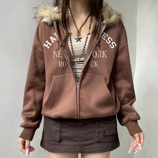 American Retro Fur Collar Hooded Zipper Sweatshirt