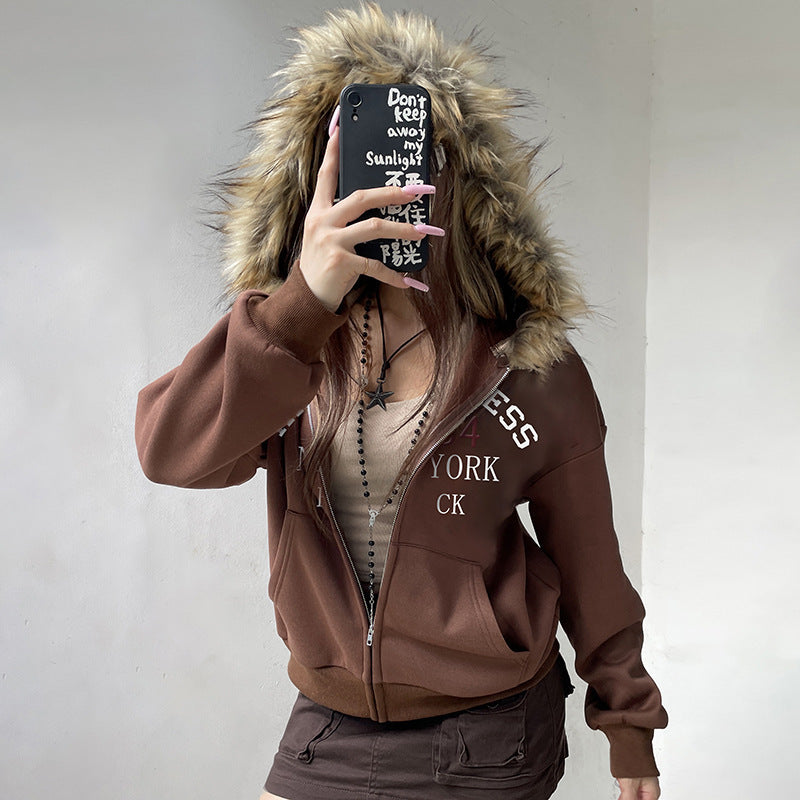 American Retro Fur Collar Hooded Zipper Sweatshirt